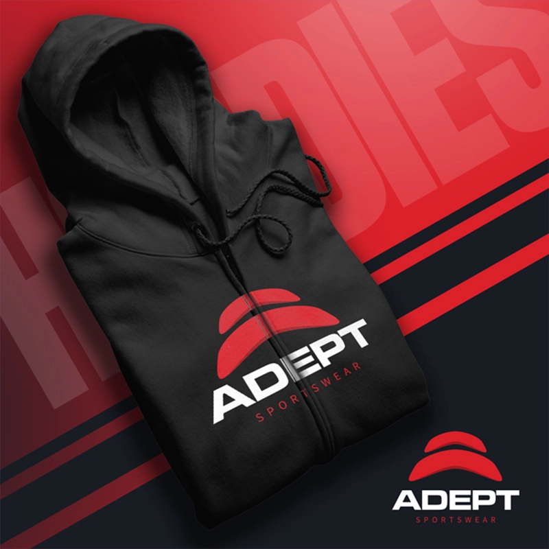 Hoodie with Adept brand.
