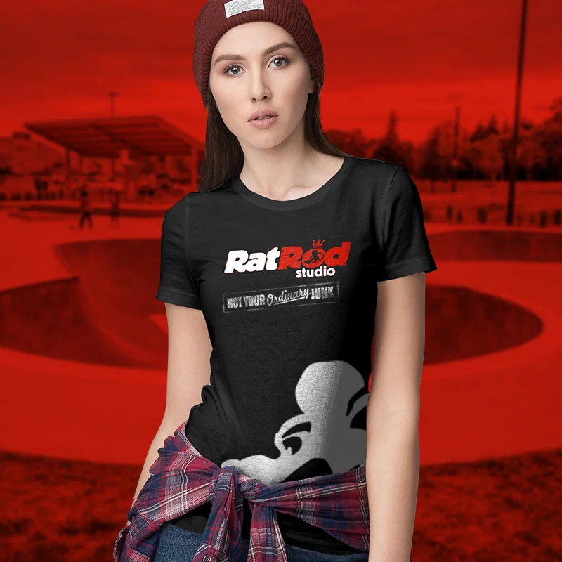A woman with a Ratrod Studio tee-shirt.